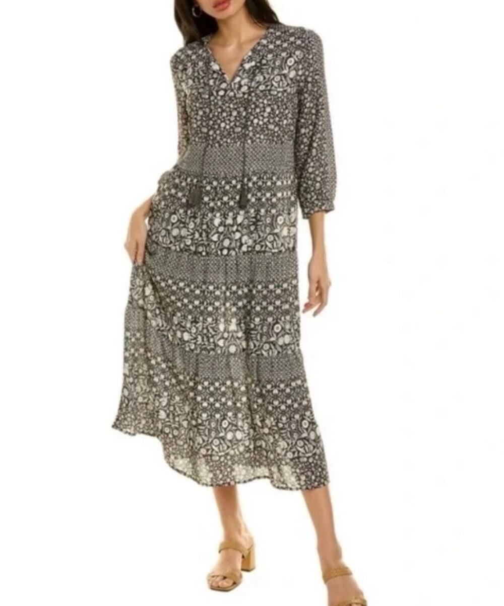 J. McLaughlin Hortense Boho Tassel Neck Midi Dress Mixed Floral Print Size Small